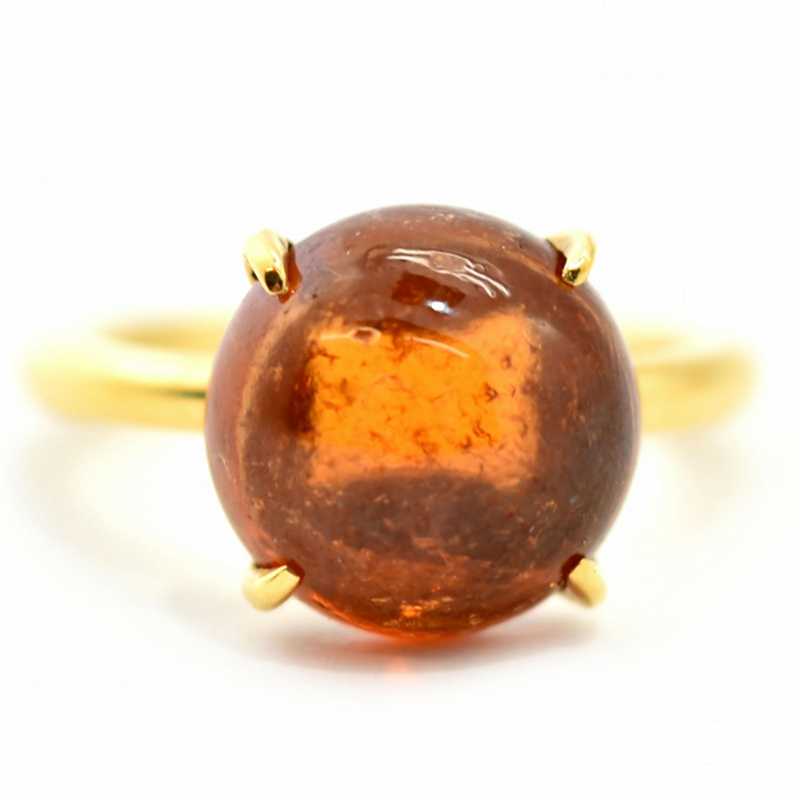 Jane Taylor 18k Yellow Gold Hessonite Garnet Cabochon: This striking Jane Taylor designed 18k yellow gold, hessonite garnet cabochon ring will make any lover swoon. This extravagant hessonite garnet cabochon gem is encased by four prongs and measures 10 m