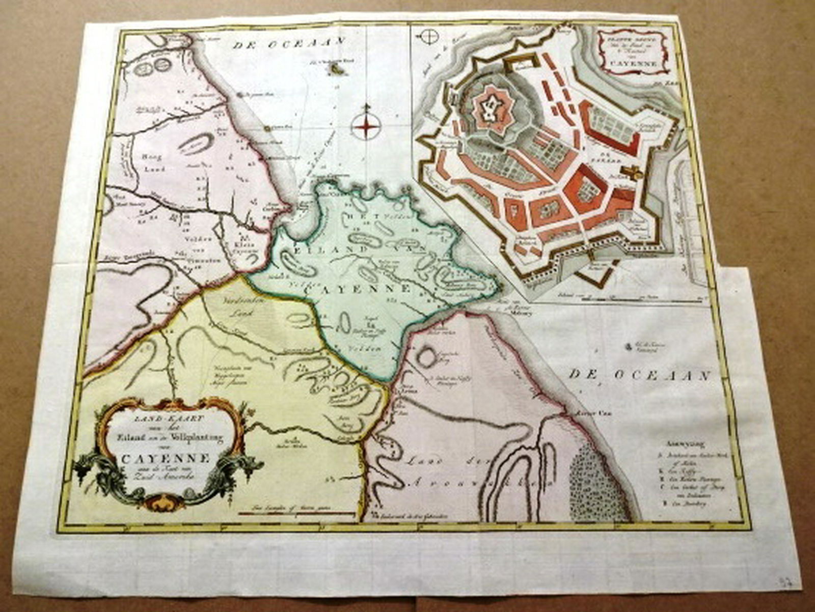 1766 Handcolored Engraved Map Tirion of Cayenne: 1766 hand colored engraved map and plan “Land-Kaart van het Eiland en de Volkplanting van Cayenne aus de Kust van Zuid-Amerika”, by Isaak Tirion,. Fine, close right margin. Measures 18 x 16”, fo