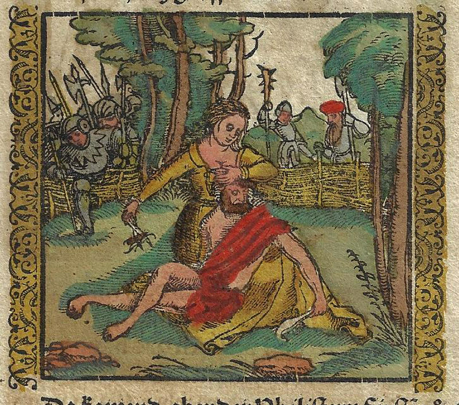 16th C Leaf Hand Colored Engravings Samson (1 of 3)