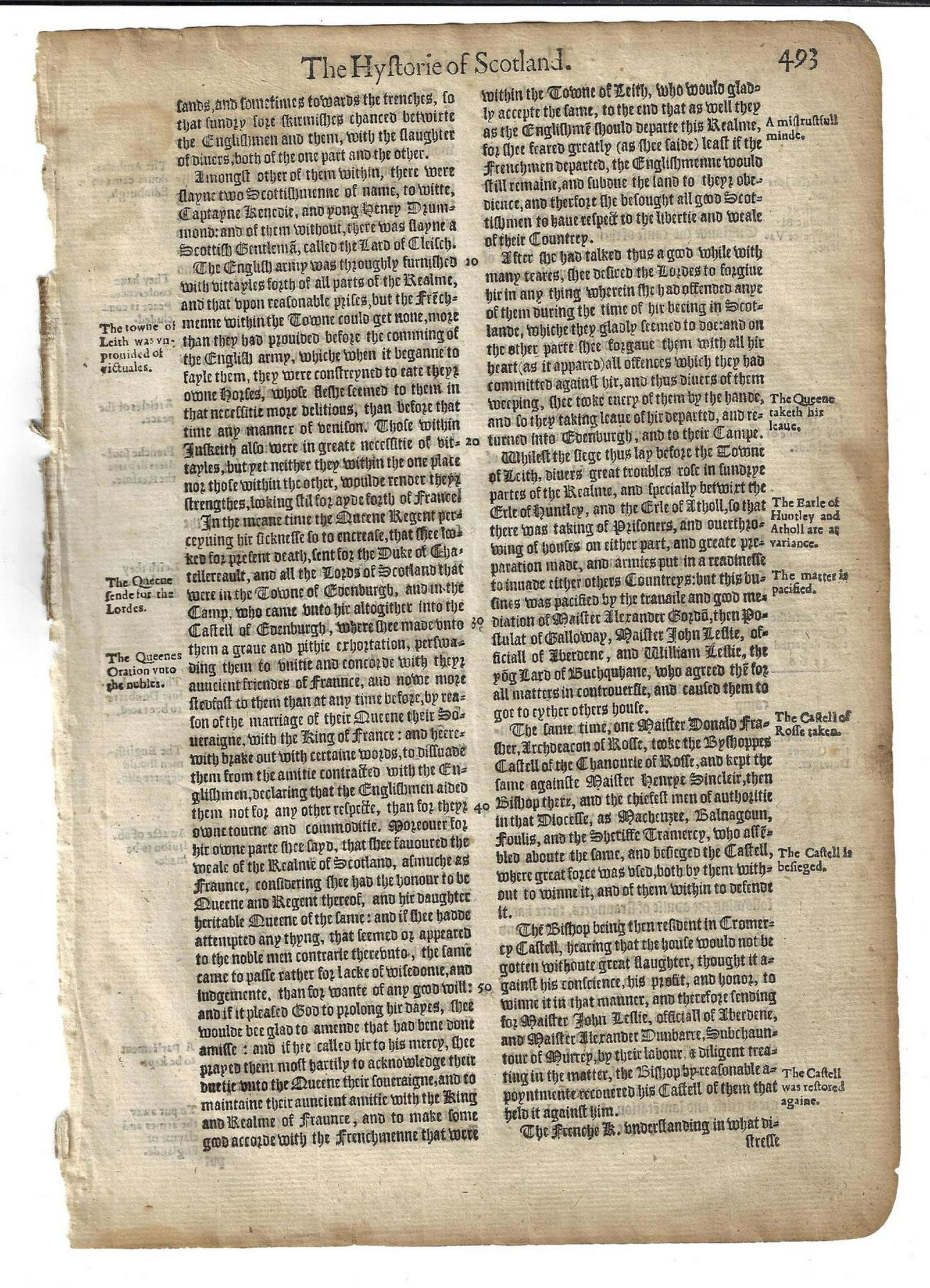 1577 Leaf from Holinshed Chronicles History Scotland (1 of 2)