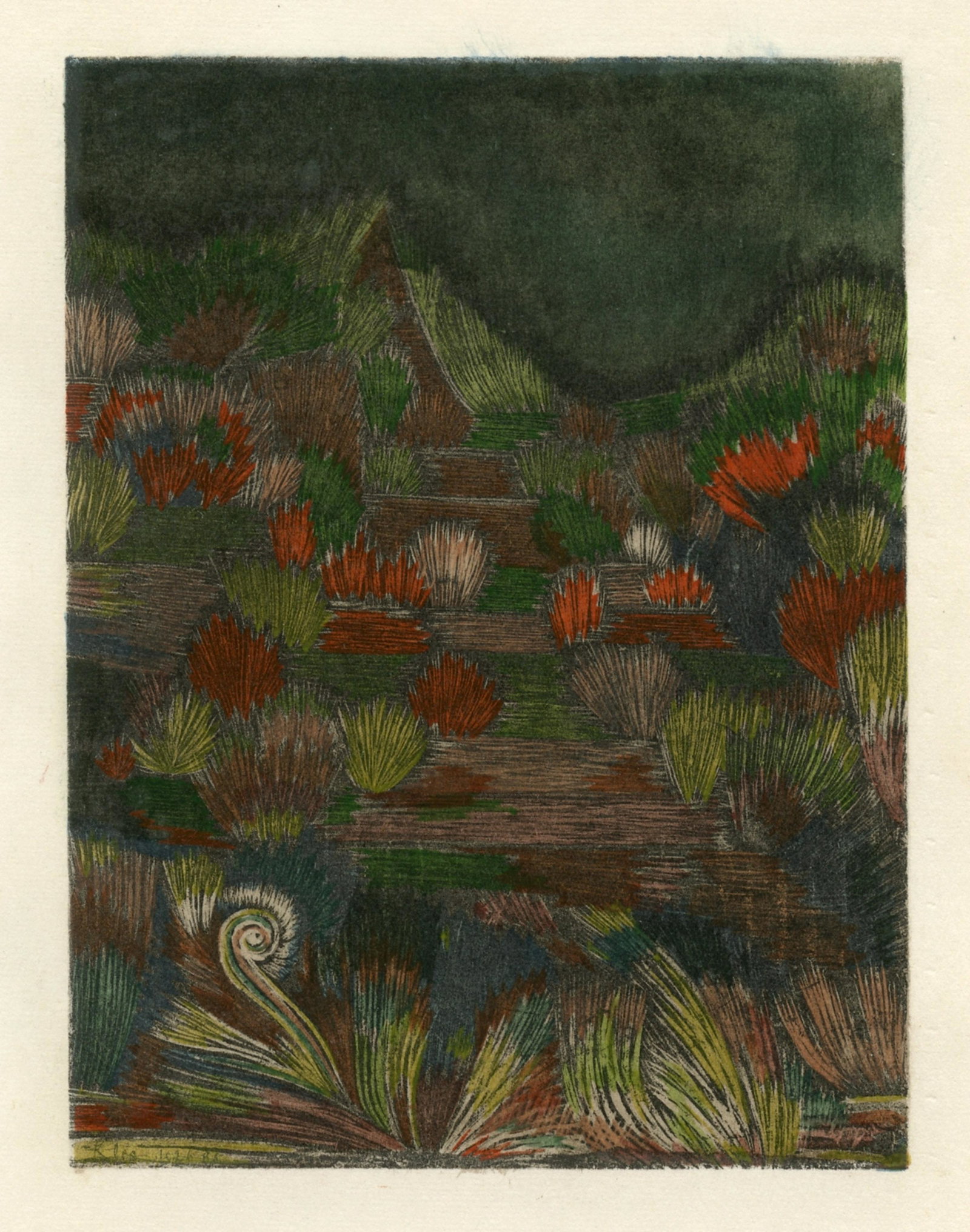 Paul Klee pochoir "Kleines Dunenbild (Small Dunescape)": Medium: pochoir (after the 1926 oil on paper). Printed in Paris by Daniel Jacomet and published in 1961 by Heinz Berggruen. The image measures 4 3/4 x 3 5/8 inches (120 x 83 mm). There is another Paul