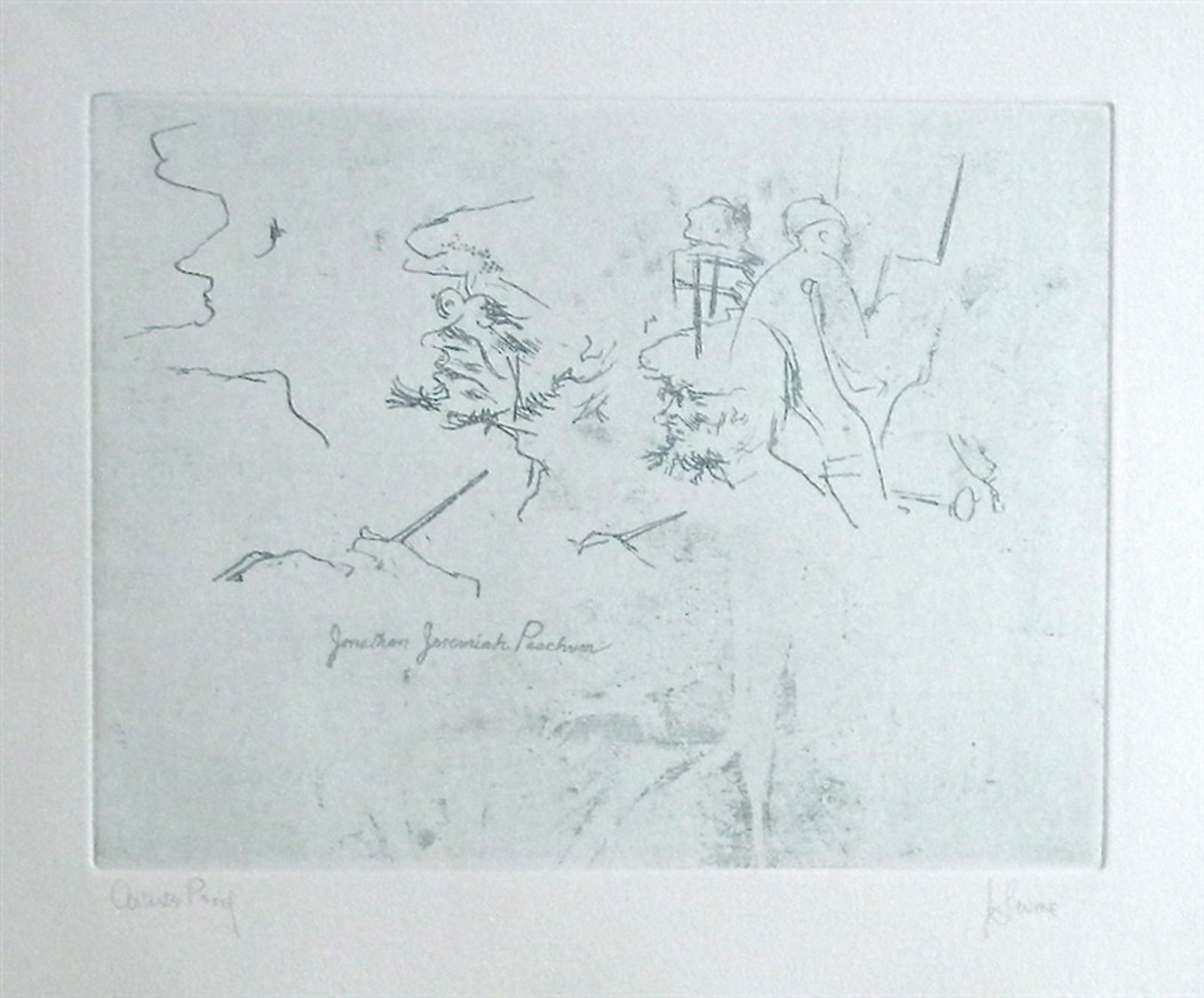 Jack Levine signed original etching "Jonathan Jeremiah: Medium: original soft ground etching, signed in pencil and annotated "Artist's Proof". This etching was executed in 1967 for the "Dreigroschen Film" series, for the limited edition portfolio published