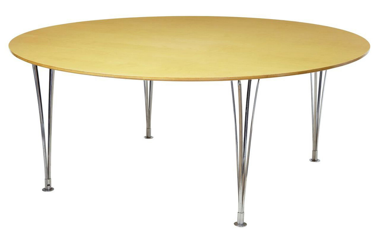 LARGE ROUND BRUNO MATHSSON BIRCH DINING TABLE: Title: LARGE ROUND BRUNO MATHSSON BIRCH DINING TABLE Dimensions: Height; 29" inches / 74CM; Diameter; 71" inches / 180CMDescription: FINE PIECE OF KNOWN SCANDINAVIAN DESIGN CIRCA 1980. SEATS 10. DETAC
