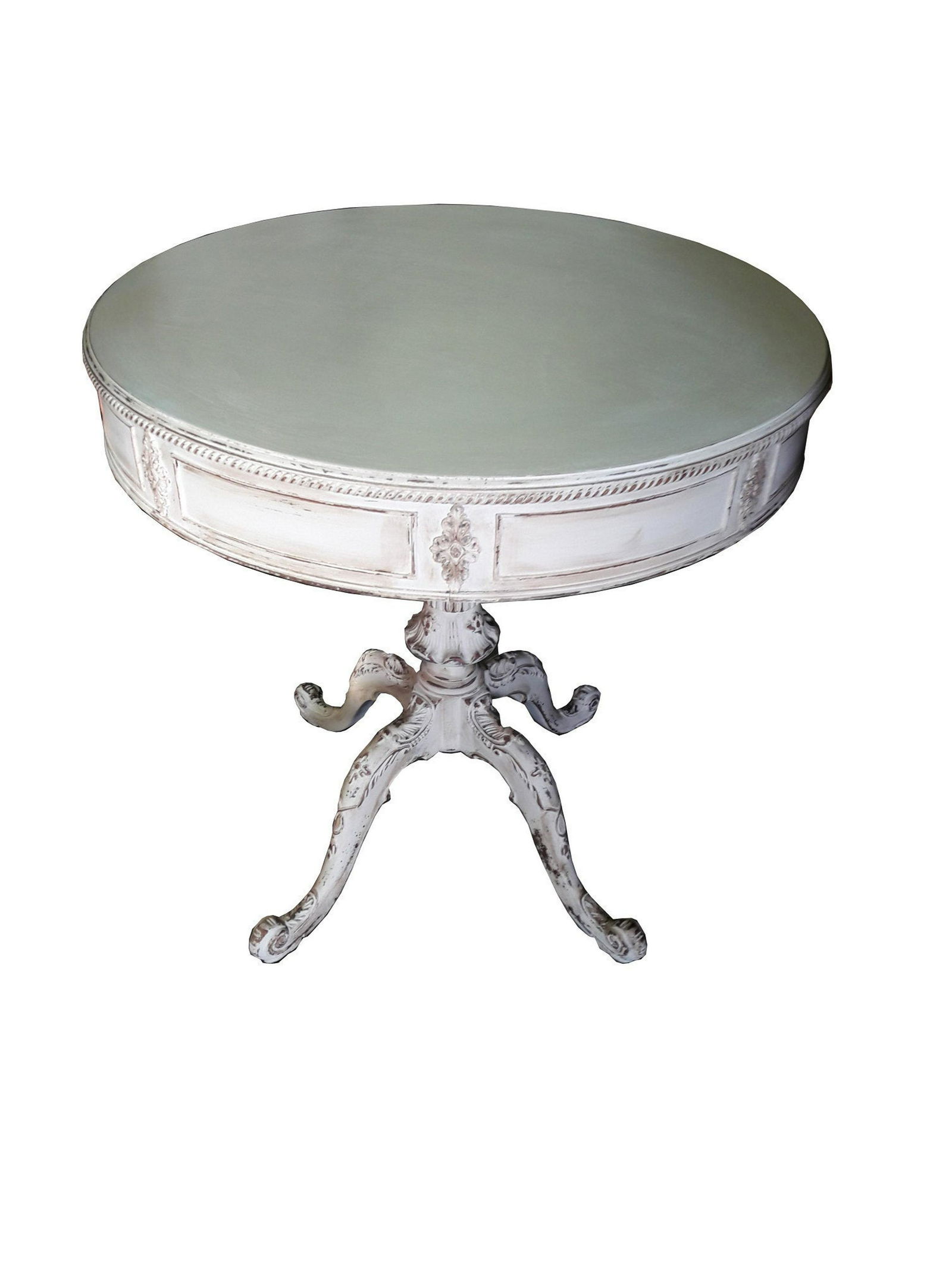 Antique Carved Cottage Drum Table Shabby Farmhouse: Early 1900's mahogany painted round drum table. Lovely romantic piece with beautifully carved details on the skirt and feet, rope twist edging on table top. Painted in a creamy white with some light a