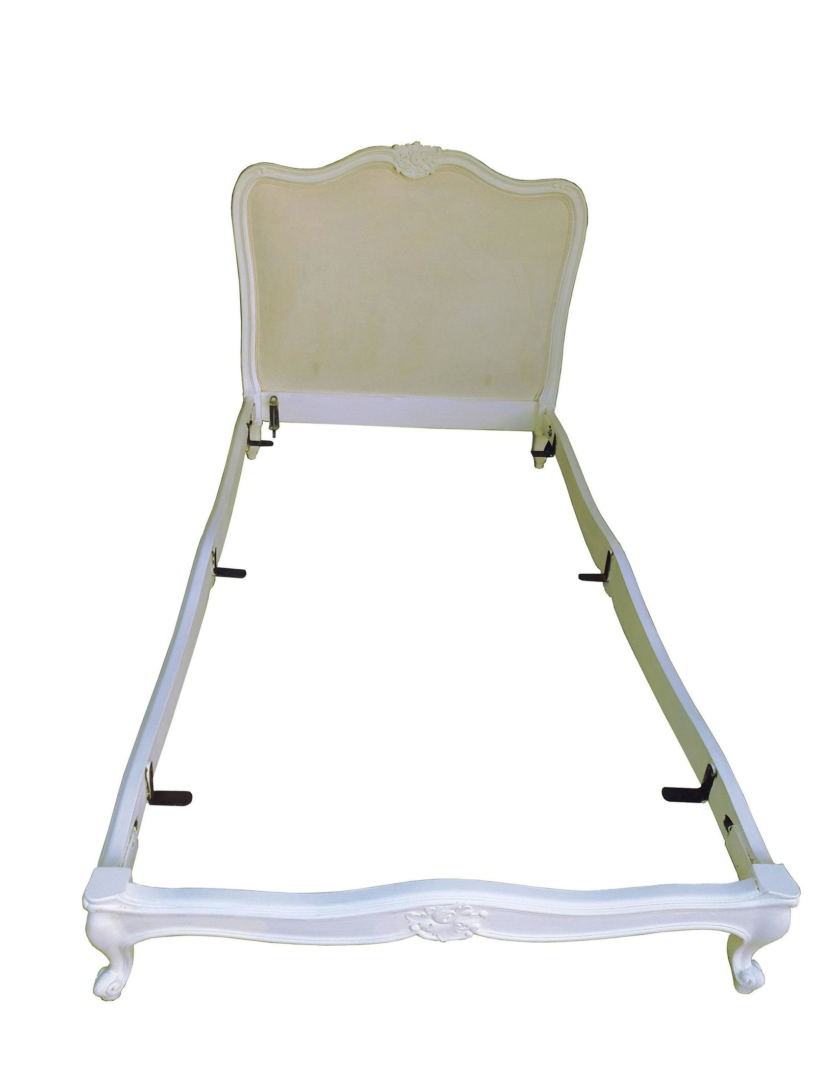 Vintage French Provincial Twin Bed French Upholstered: Lovely vintage French Louis XVI bed frame. Carved headboard, cabriole feet, and creamy off white faux suede upholstered headboard. In excellent condition, painted white with traditional French Provinc