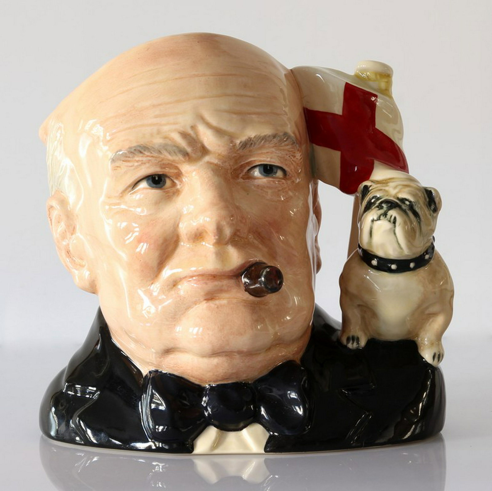 Prototype Winston Churchill Character Jug | Royal: An extremely rare (probably unique) Royal Doulton, prototype design trial, character jug / toby mug of Winston Churchill. This large jug was modeled by Stanley J. Taylor and hand painted in England. T