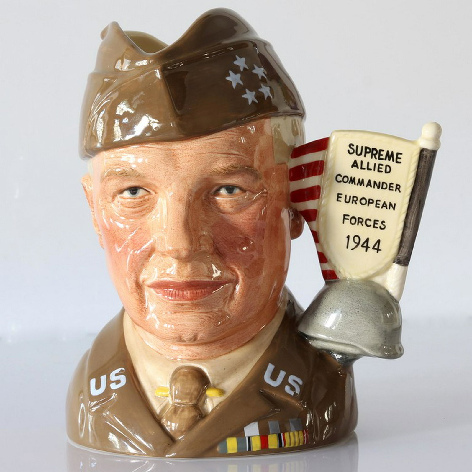 General Eisenhower Prototype Character Jug | Royal: An extremely rare (unique) Royal Doulton, prototype design trial, character jug / toby mug of General Eisenhower. This large jug was modeled by William K Harper and hand-painted in England. The produc