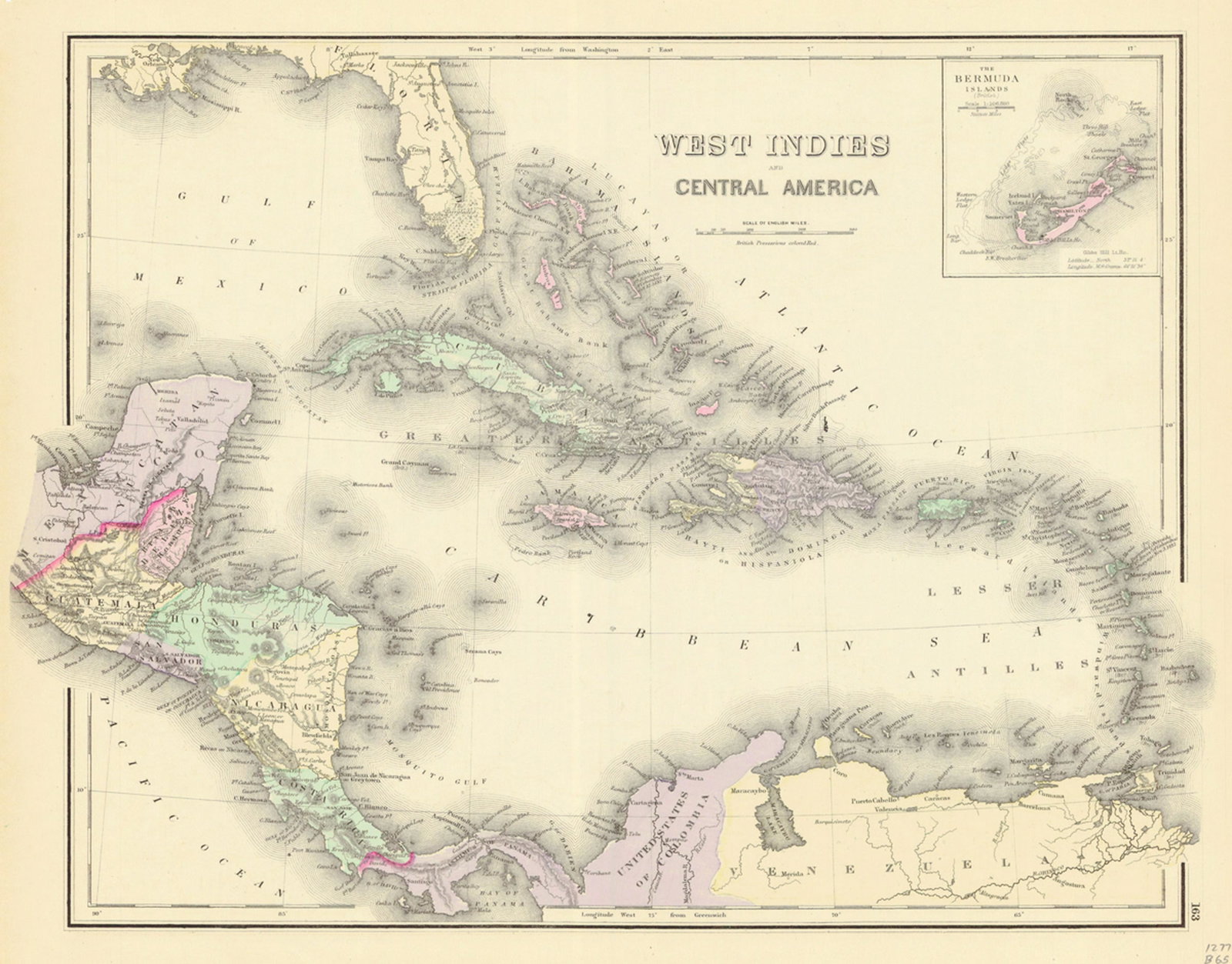 West Indies and Central America: Title/Content of Map: West Indies and Central America Date: 1875 Cartographer: GRAY, ORMANDO W. Size: 11.75Height - 16Width Publisher: O.W. GRAY & SON Letterpress on reverse. Corner chipped. Reserve: 