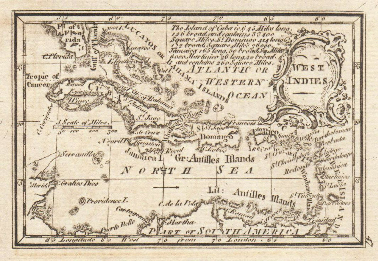 Gibson: West Indies: Map Title: West Indies Cartographer: Gibson Place/Date: London / 1758/1792 Size: 3 3/4" x 2 1/2" Condition: b&w; light overall age toning A later edition of the delightfully detailed miniature West In