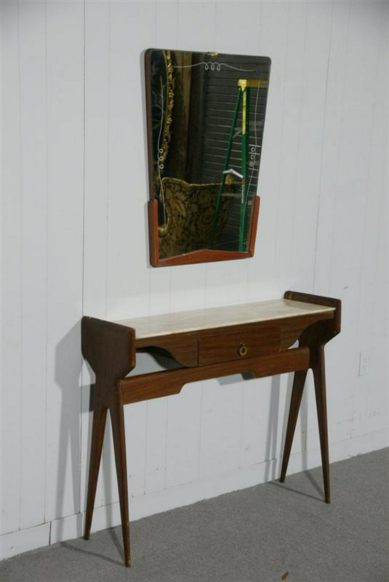 Italian Console and Mirror: Condition; Minor Refinishing Needed; Dimensions; Height: 33" / 83.82cm Width: 13" / 33.02cm Length: 42" / 106.68cm; No. of Items; 1; Description; Italian Mid-CenturyConsole and Mirror Marble Top Reser