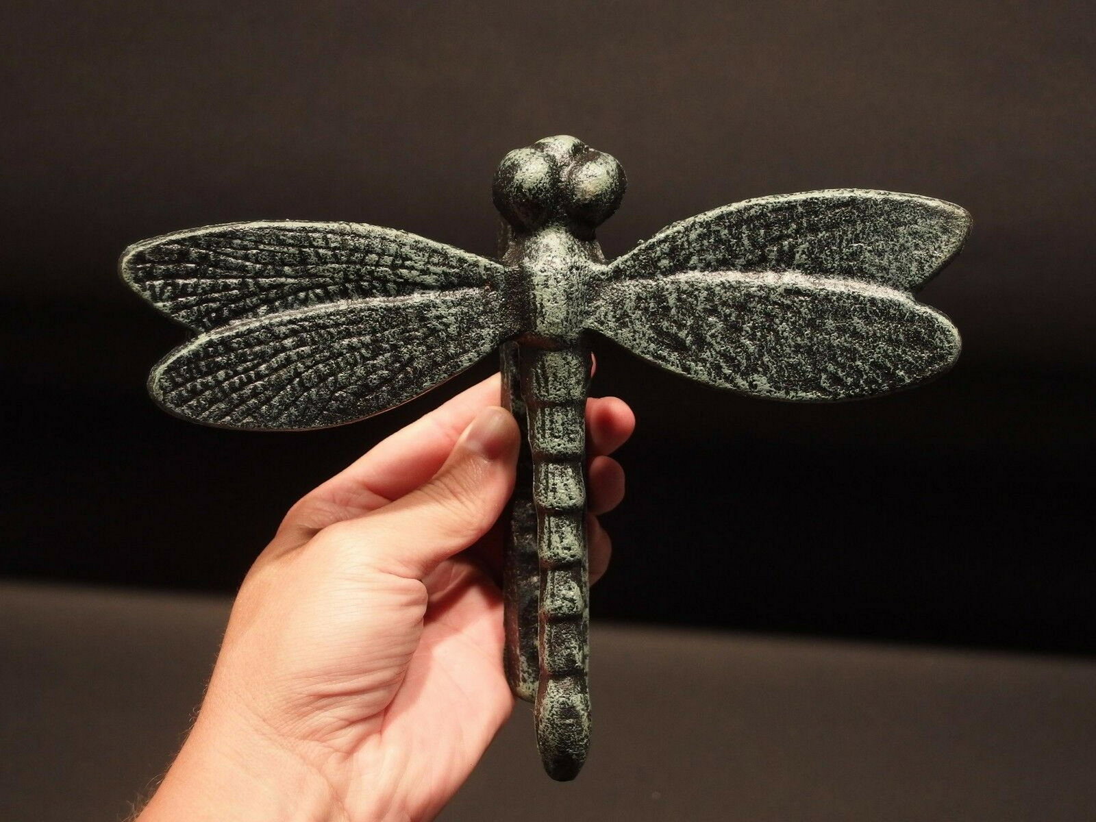 Cast Iron Verdigris Green Dragonfly Door Knocker: 8 1/2" Wide x 7" Tall 2" ExtensionGreat reproduction high quality cast iron door knocker. All cast iron with a verdigris/black finish. Be sure to see the images for the best representation. Reserve: $