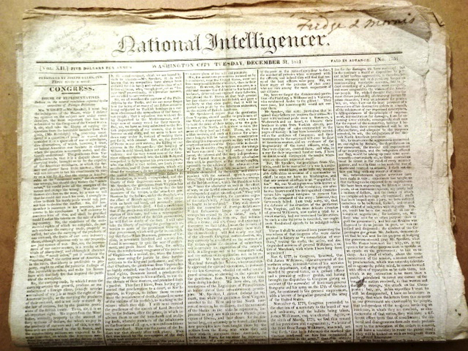 1812 TEN Issues of National Intelligencer Washington: TEN issues of the National Intelligencer, published at Washington between December 31, 1811 and January 28, 1812. Each four pages complete. Much political news and ads. Fine. Folio. Reserve: $80.00 Sh
