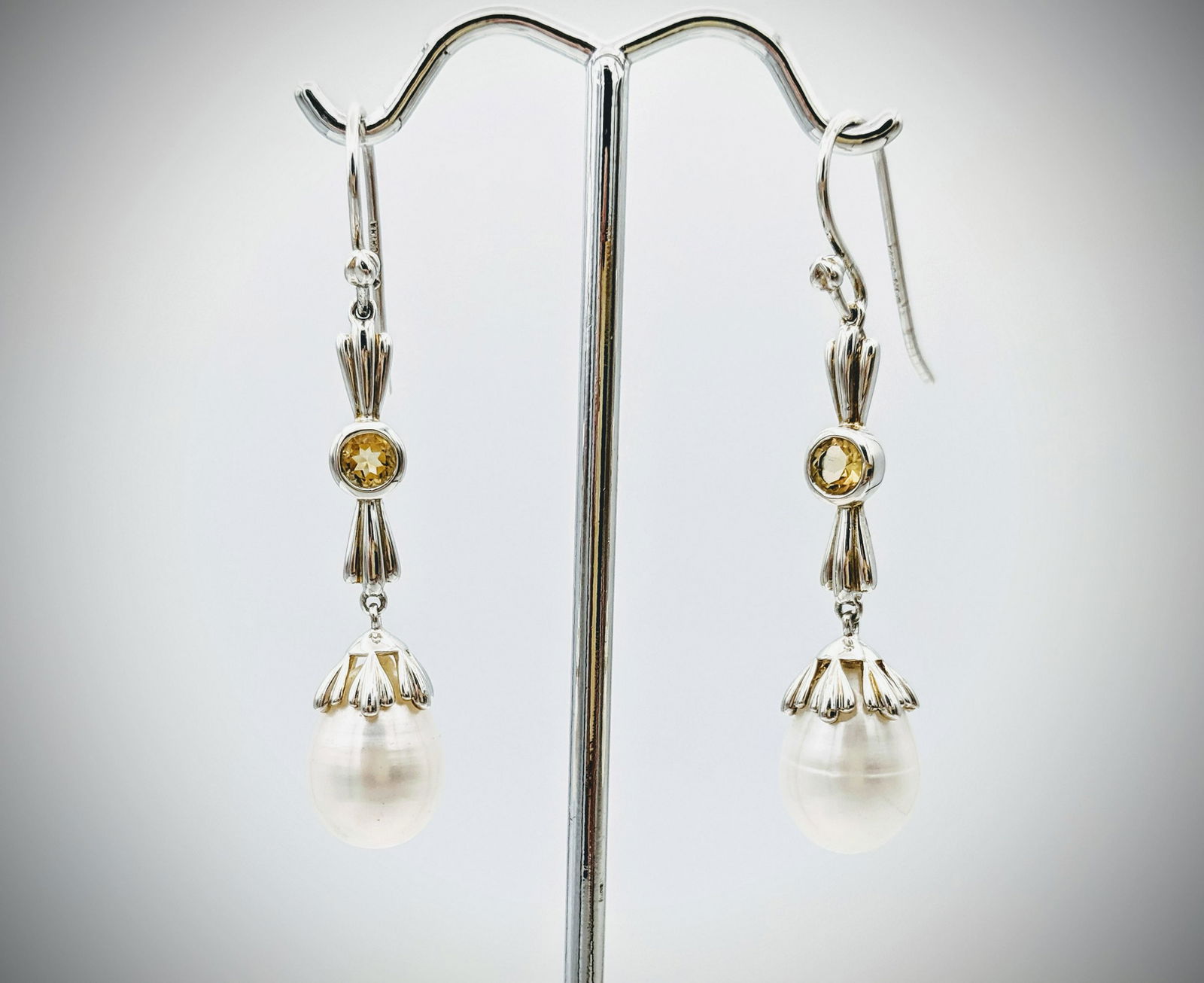 Sterling Silver Dangly Pearl Drop Earrings w Citrine (1 of 3)