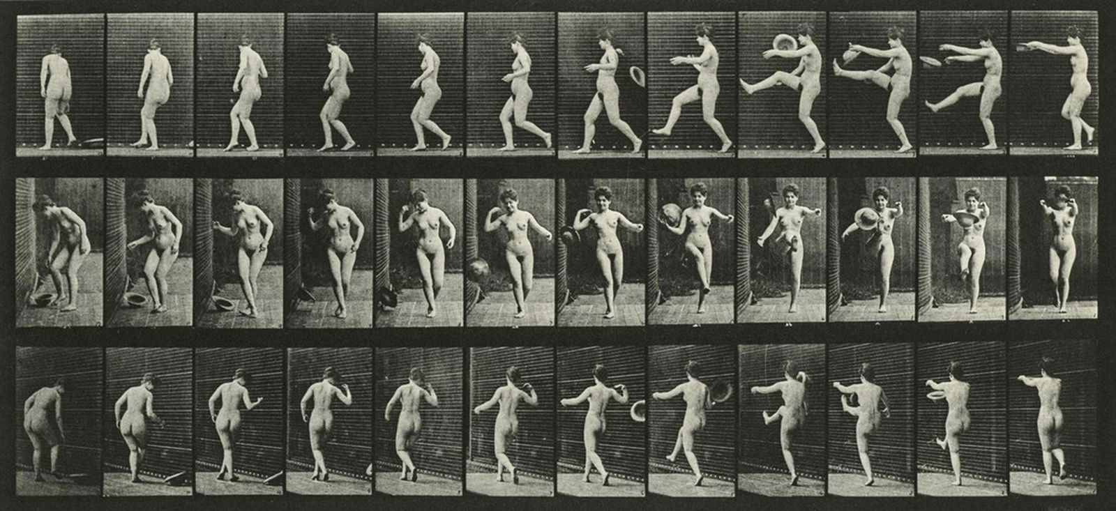 EADWEARD MUYBRIDGE - Woman. Kicking. 1877: Artist: Eadweard Muybridge Title: Woman. Kicking. 1877 Medium: Photo Litho, 1991, USA Dimensions: 7.55x3.5" Heat Wax Mounted on 8.5x11" Conservation Board Eadweard Muybridge was an English photographe