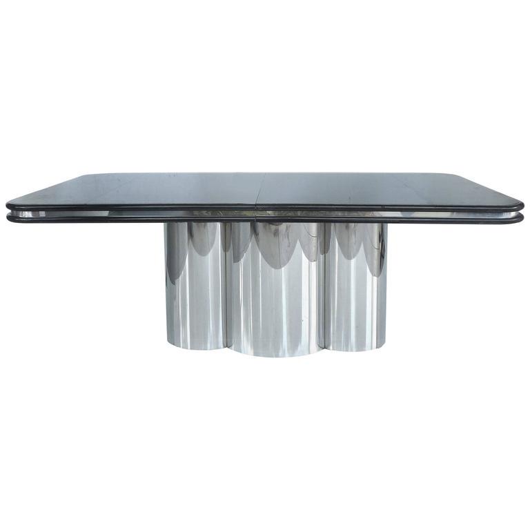 1980s Jay Friedman Brueton Dining Table with Leaves: 1980s Jay Friedman Brueton Dining Table with Leaves Monumental lacquered dining table with a faux snakeskin lacquered finish designed by Stanley Jay Friedman for Brueton with polished stainless steel