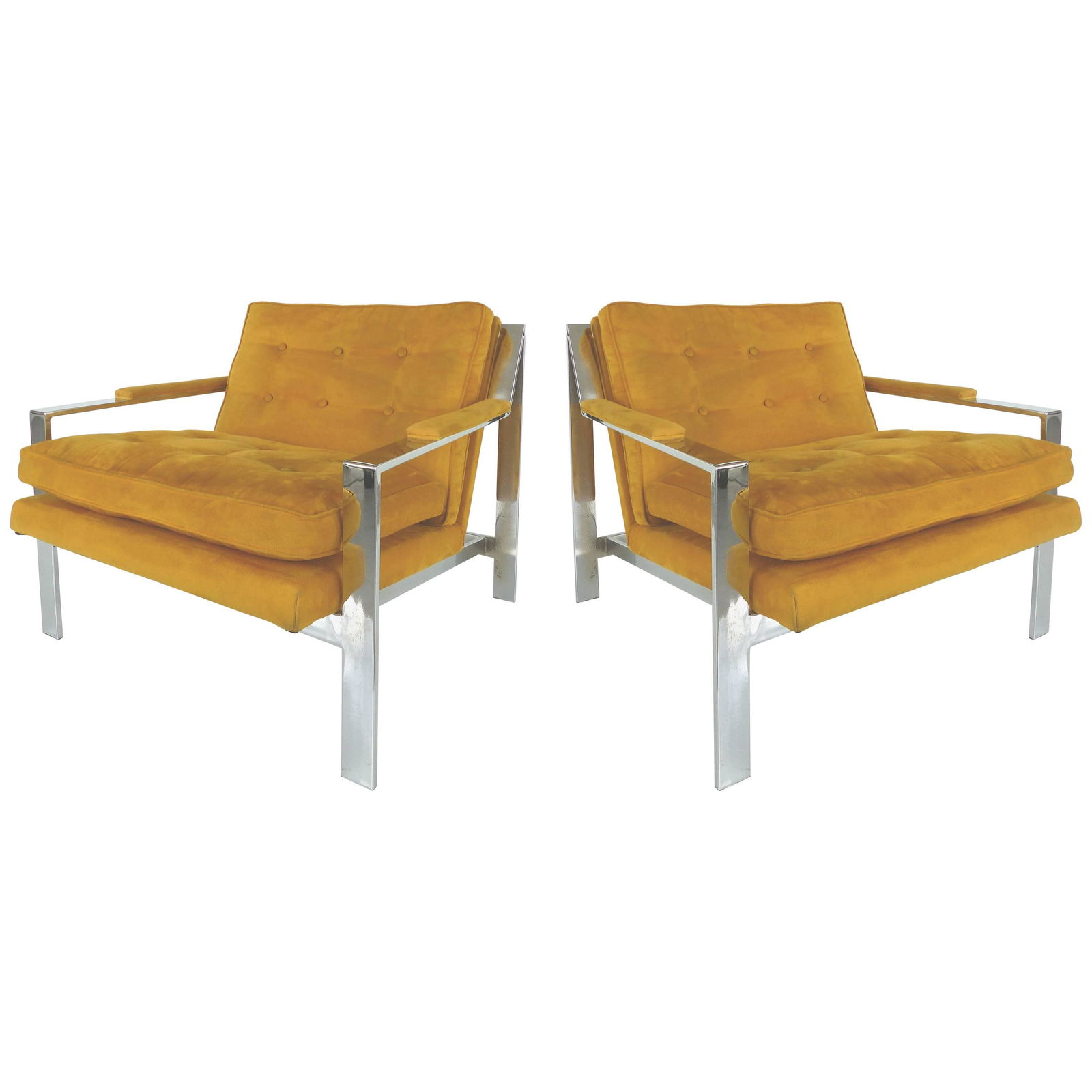 Pair of Mid-Century Modern Chrome Chairs By Cy Mann: Pair of Mid-Century Modern Chrome Chairs By Cy Mann Offered for sale are a pair of Cy Mann chrome armchairs with Ultrasuede upholstery. The frame on one chair is in very good condition with only light