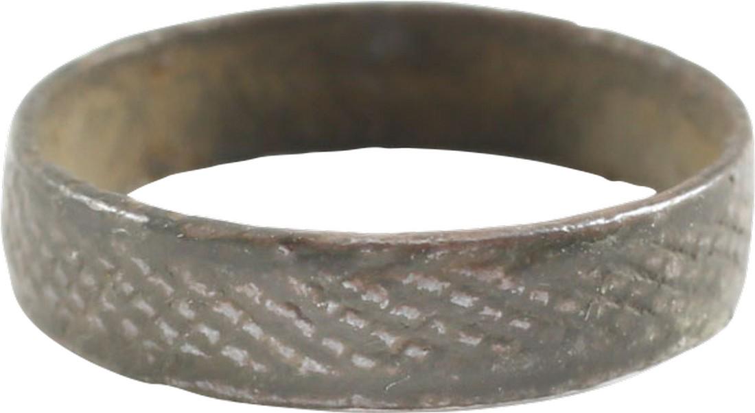 VIKING WOMAN’S WEDDING RING, 850-1050 AD. SIZE 4.: No Reserve! Norway. Bronze originally gilt, size 4. Flat with intricate hatched medial band. Originally gilt, this ring now has a very fine dark patina with the detail well preserved. Gift boxed with 