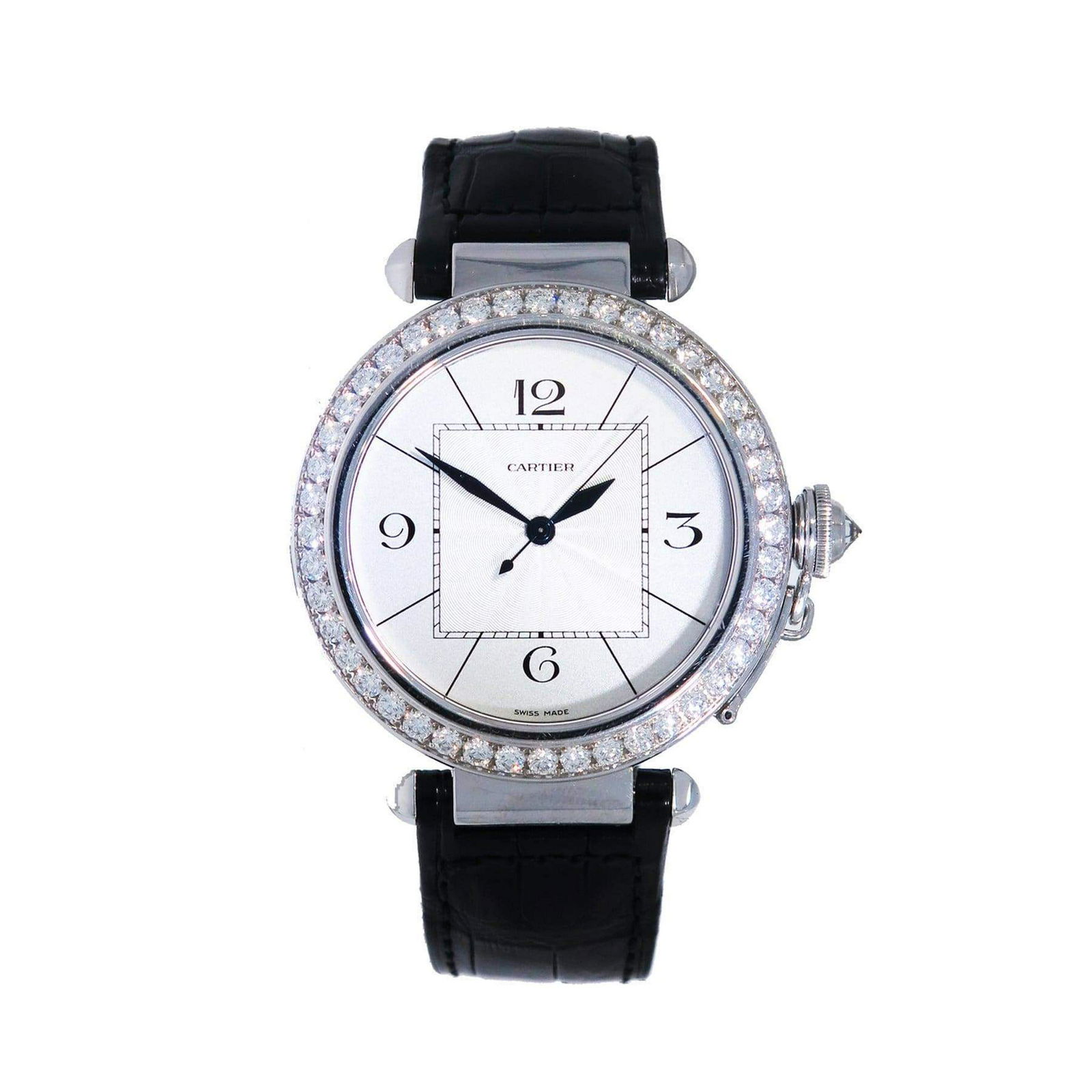 Cartier Pasha Watch: Cartier Pasha crafted in white gold. This timepiece features a self-winding movement with indications for the Hours, Minutes and Seconds. The bezel is set with 44 round diamonds. The signature crown p