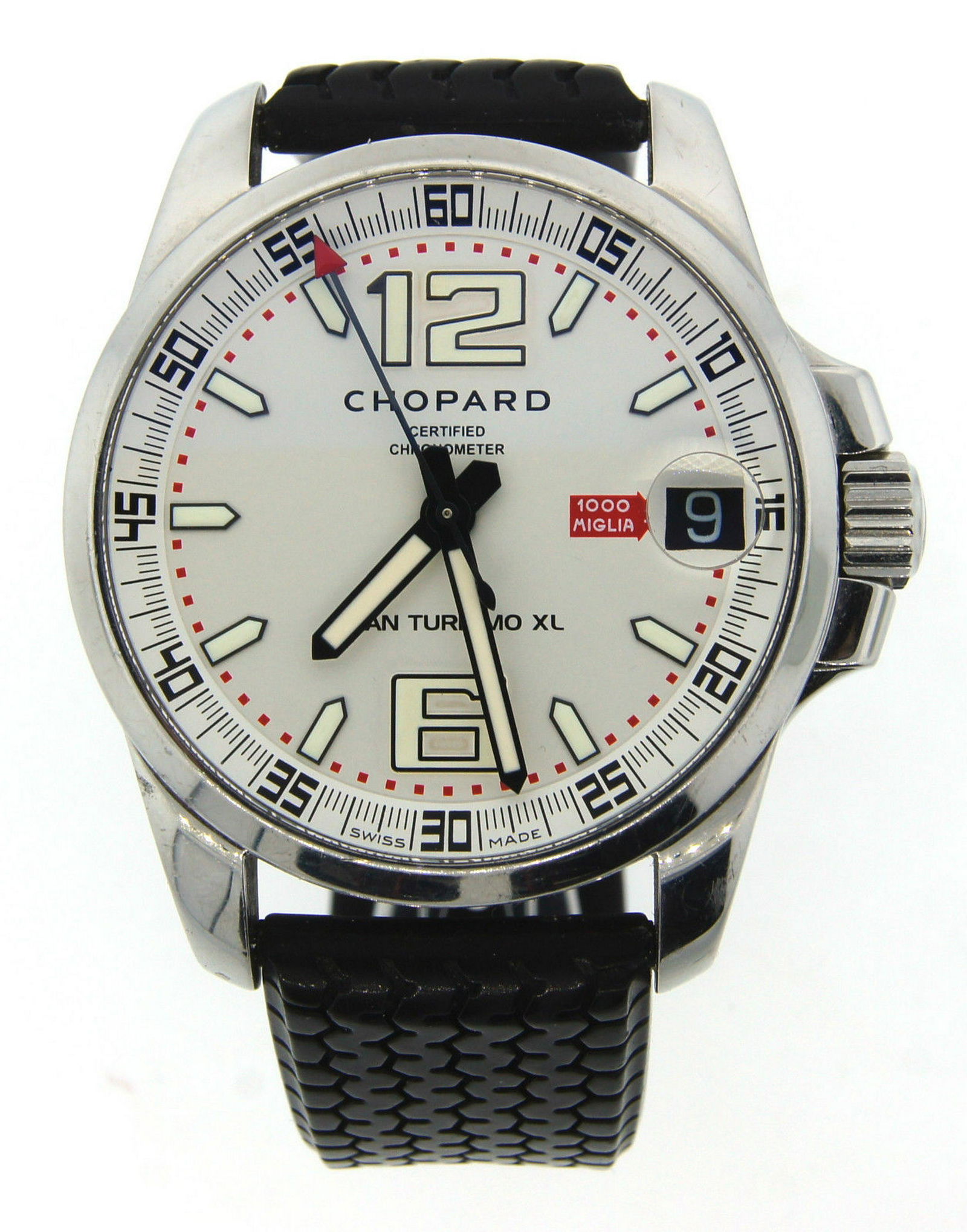 WOW Chopard Stainless Steel Mille Miglia GT XL Men's: Chopard Miglia Stainless Steel Watch This unique and wonderful watch is one of a kind! It is made by Chopard. The weight is 149.8 grams. The watch is made of stainless steel & rubber band. The height