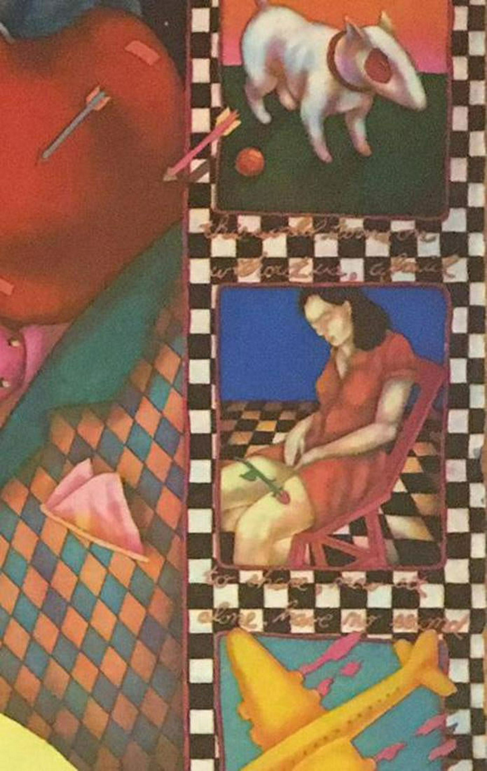 Dan Allison "Together Once" Aquatint Etching: Together Once is an original color aquatint by Dan Mitchell Allison. There are also color names written on the piece. It recalls Rene Magritte's early surreal explorations of objects and text. The art