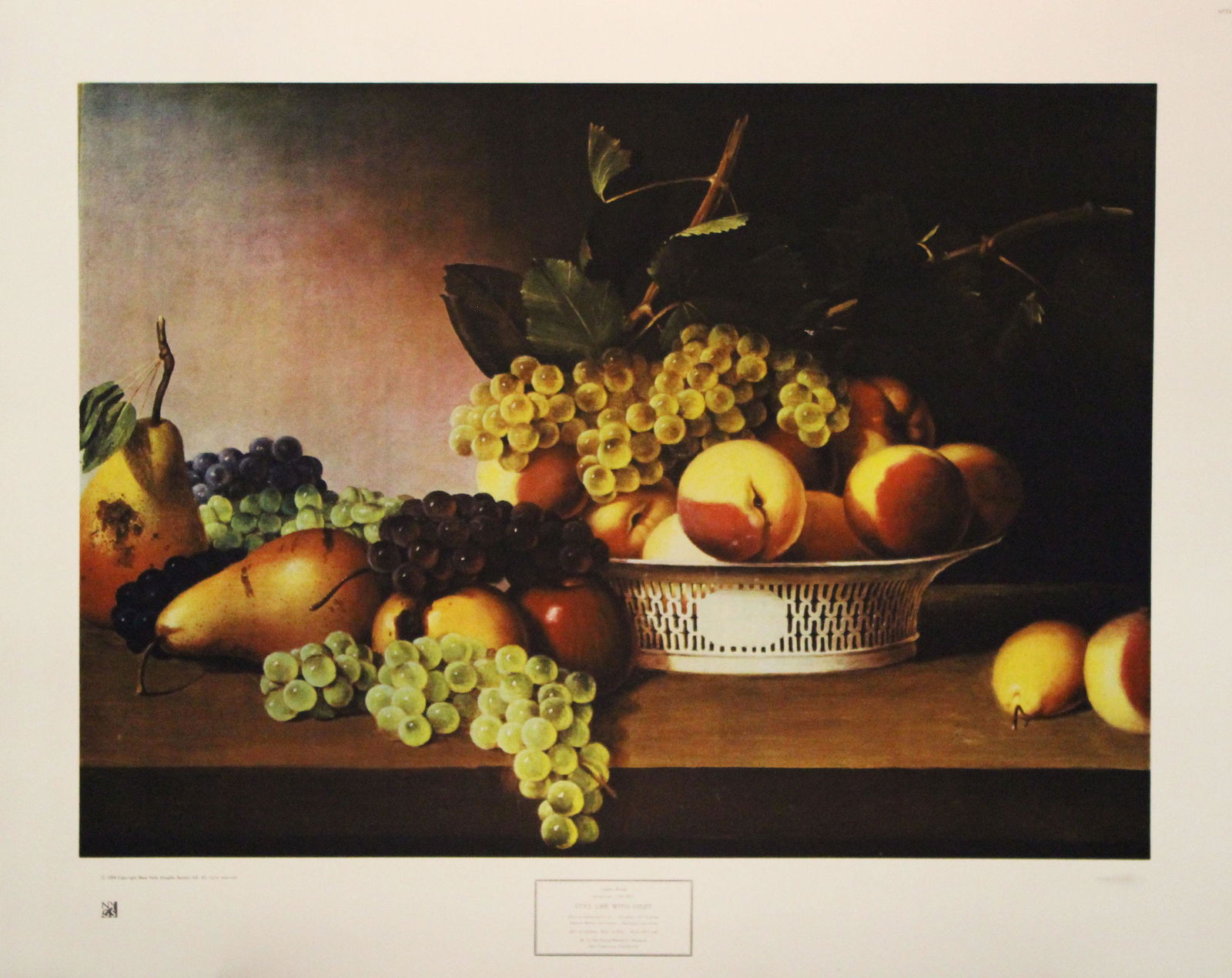 "Still Life with Fruit", by James Peale: JAMES PEALE (American, 1749-1831) Still Life with Fruit Poster/Print 23.25 x 29.25 in. Unframed Description: Copyright 1974 New York Graphic Society, Ltd. Printed in USA. Shipping: Domestic
