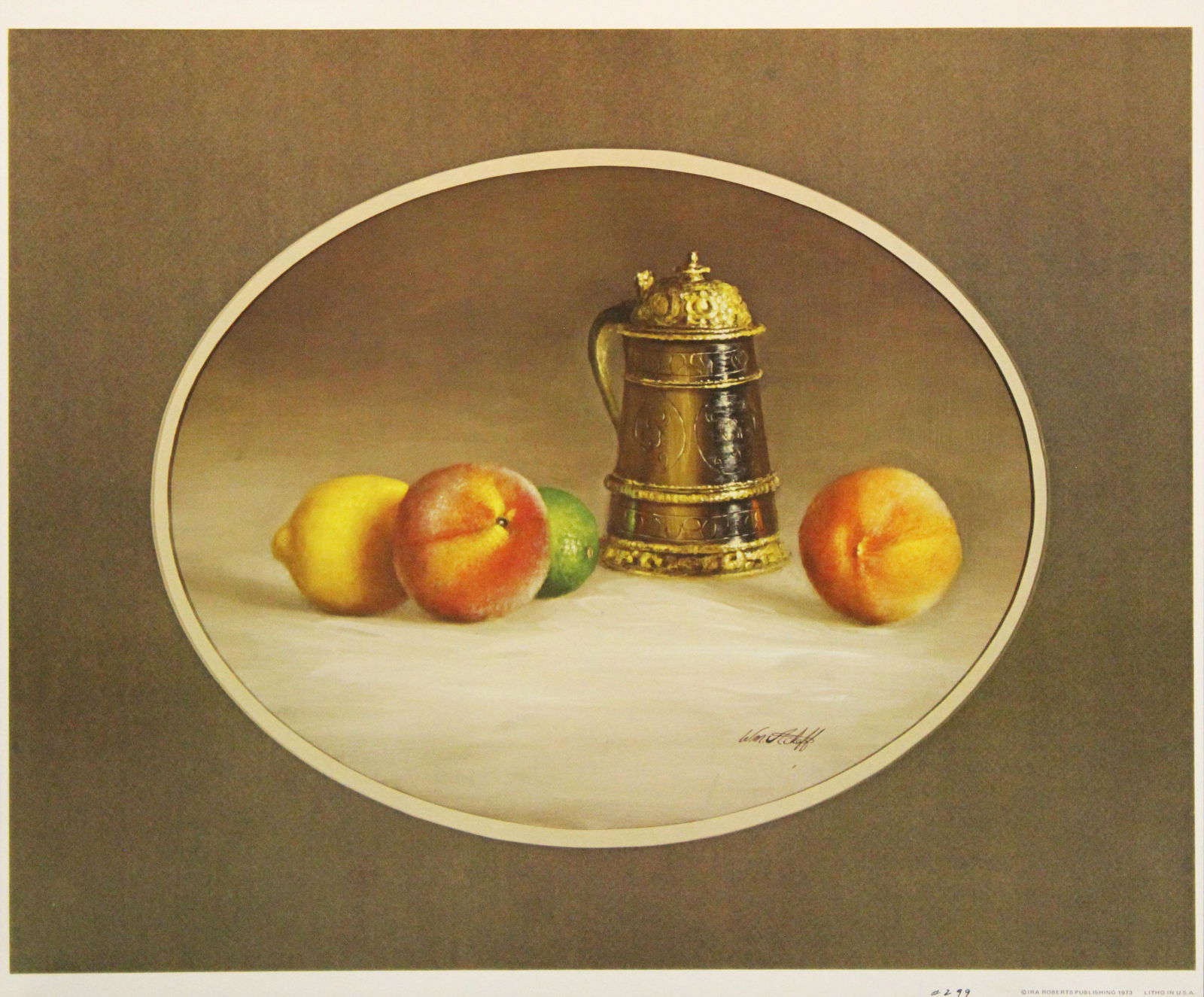 "Stein & Fruit", by William Acheff: WILLIAM ACHEFF (American, b. 1947) Stein & Fruit Poster/Print 17 x 20.375 in. Unframed Plate signed Description: Copyright IRA Roberts Publishing 1973. Lithographed in USA. Shipping: Dom