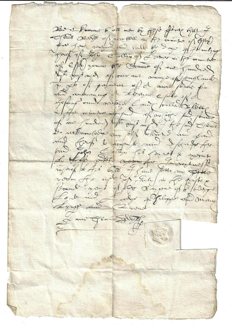 1554 Manuscript Reign of Mary and Philip in English: 1554 handwritten grant in English from the reign of Mary and Philip regarding property in Essex. On paper with distinctive watermark of a hand. Folded over seal. Very Good, some breaks along folds and