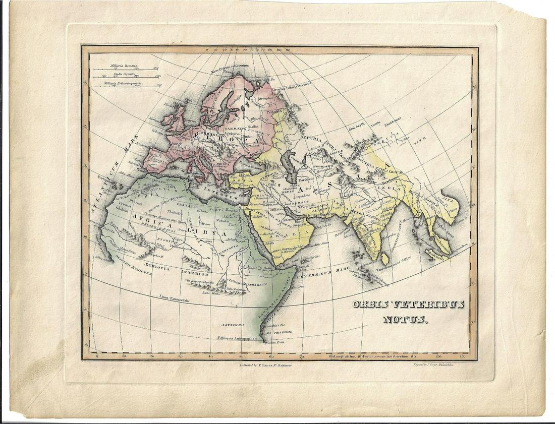 1823 Lucas Handcolored Map Orbis Veteribus Notus: Map of the Ancient world entitled “Orbis Veteribus Notus”, engraved at Baltimore by E. Lucas, Jr. 1823. Hand coloring, Fine condition, measures 14.5 x 11.5”. Reserve: $20.00 Shipping: Domestic: 