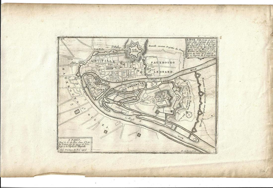 1705 Engraved Plan City of Leige by De Fer: 1705 plan by Nicolas de Fer of the city of Liege, printed at Paris. Fine engraving . Measures 16 x 11”. Reserve: $20.00 Shipping: Domestic: Flat-rate of $5.00 to anywhere within the contiguous U.S. 