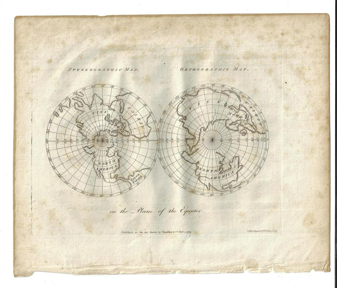 1783 Engraved Map Stereographic Plane of Equator: Engraved plate showing a Stereographic and an Orthographic map on the plane of the Equator. Published by Harrison and Co., 1783. Fine with mild discoloration, measures 10 x 8". Reserve: $20.00 Shippin