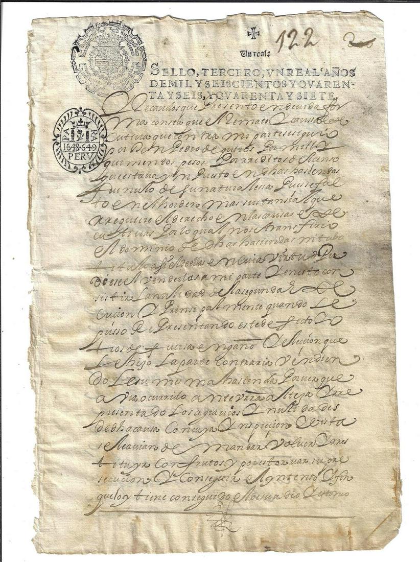 1649 Manuscript Leaf Colonial Peru w/ Rare Stamp (1 of 2)
