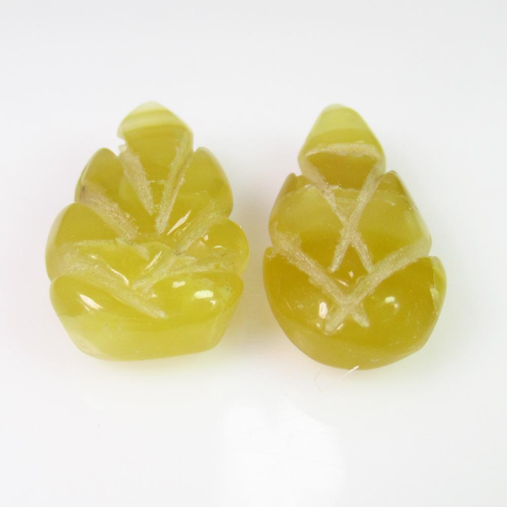 13.14 Ct Genuine Drilled Yellow Opal Leaf Carving Pair (1 of 2)
