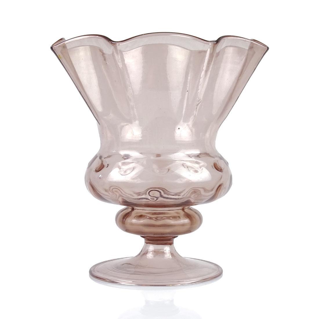 Murano Antique Soffiati Purple Art Glass Vase: Antique Murano hand blown lavender purple Italian art glass footed vase. Created in the Soffiati style, and attributed to Vittorio Zecchin, V. S. M. Capellin Venini & C., early 1900s. Measures 7 1/4"