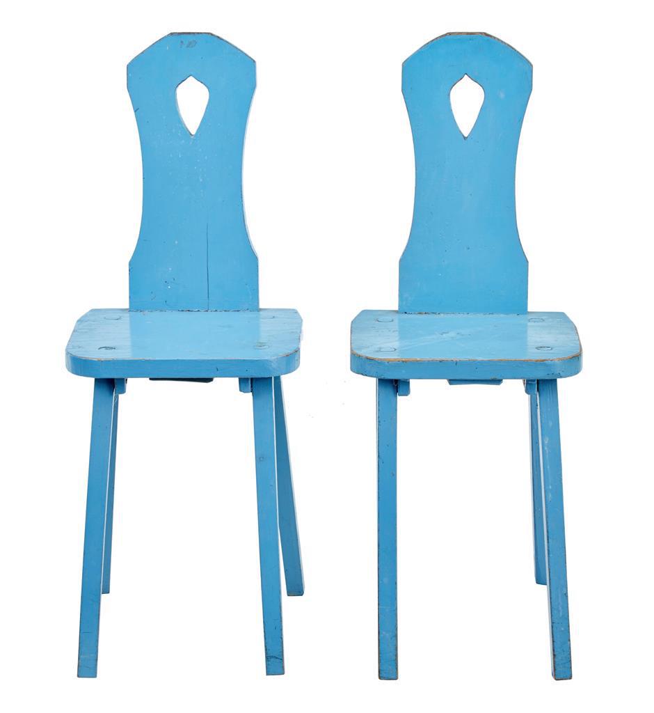 PAIR OF EARLY 20TH CENTURY SWEDISH PINE CHILDRENS: Description:RUSTIC SWEDISH PINE PAINTED CHAIRS CIRCA 1900. SIMPLE ROBUST DESIGN. KEYHOLE CARRYING HANDLE IN THE BACK REST. SOME MINOR PAINT LOSS, WITH LATER RESTORATION. Dimensions:Height; 33.75 inche