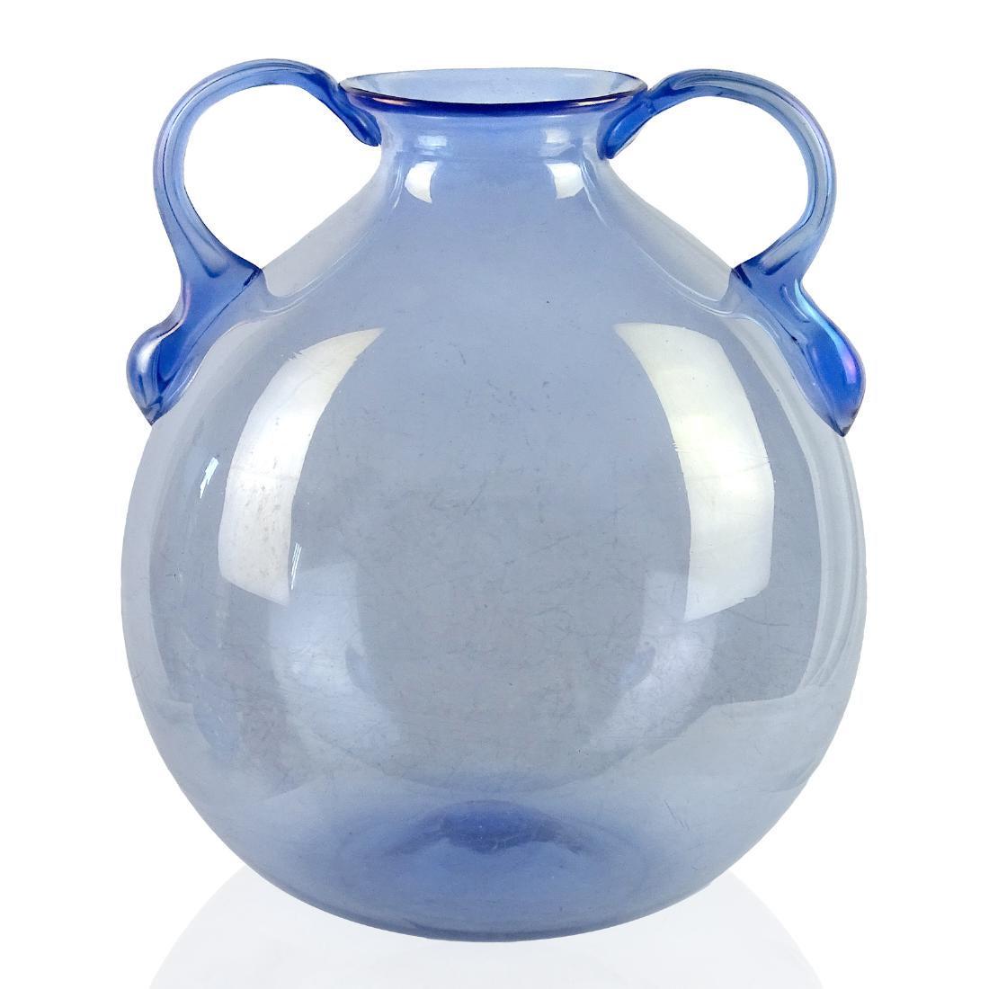 Murano Antique Blue Iridescent Art Glass Vase: Antique and very large Murano hand blown blue iridescent Italian art glass vase. Created in the Soffiati style, attributed to Napoleone Martinuzzi / Vittorio Zecchin, early 1920s for Venini. For accur