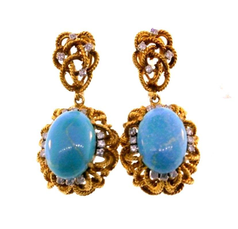 VINTAGE 14k Yellow Gold, Diamond & Turquoise Earrings (1 of 4)