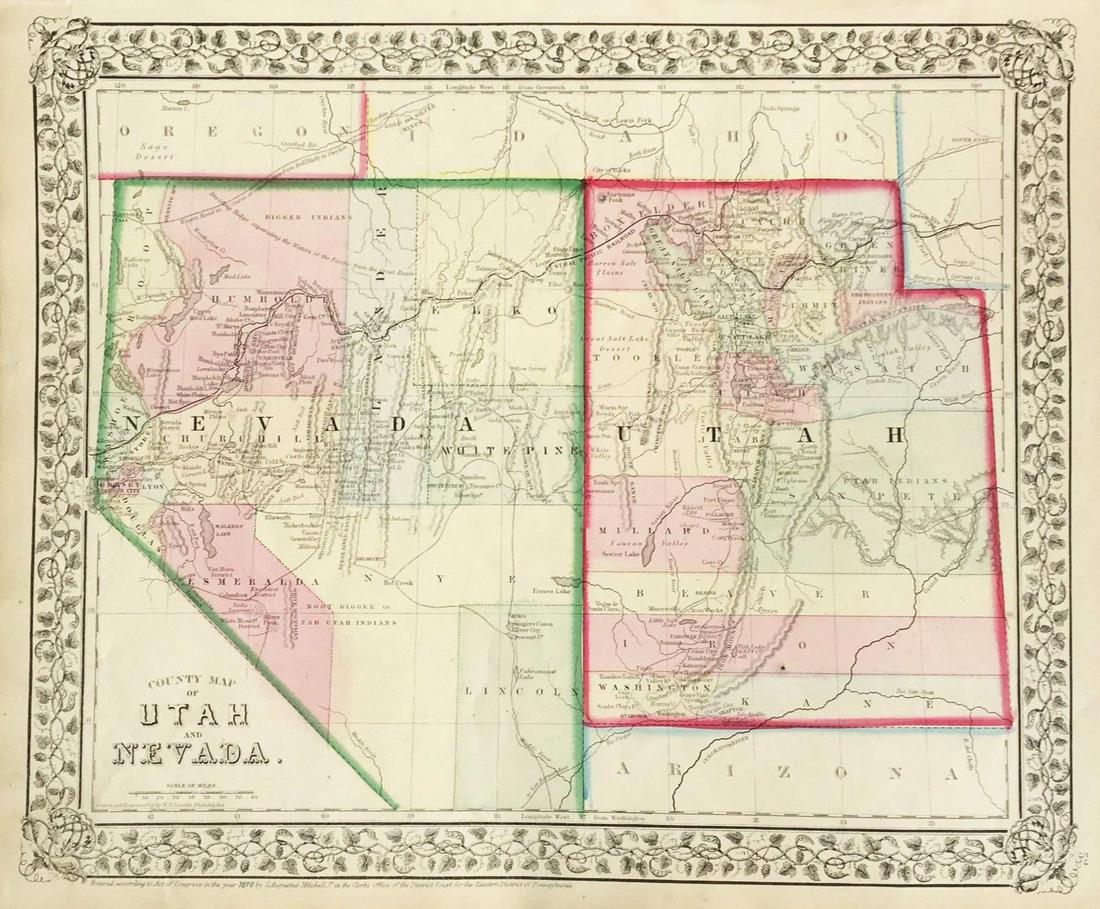 Mitchell: County Map of Utah & Nevada: Map Title: County Map of Utah and Nevada Cartographer: S. A. Mitchell Place/Date: Philadelphia / 1870 Size: 14" x 11 5/8" Condition: full color; light overall age toning The beautifully detailed and c
