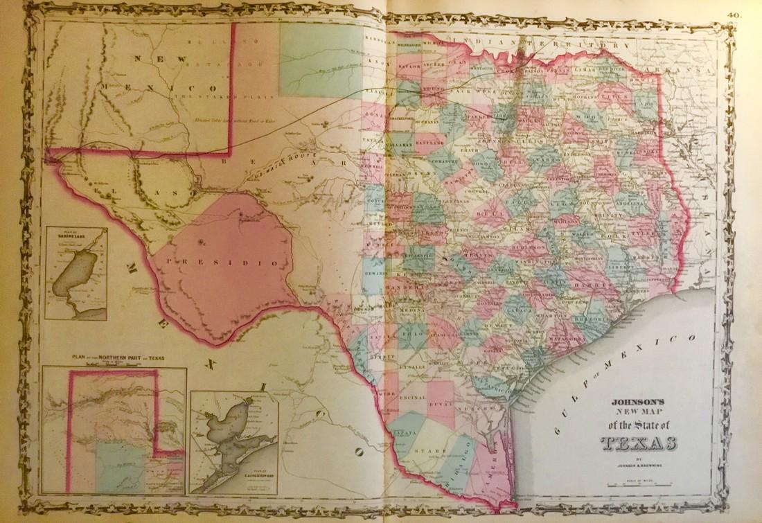 Texas: Title/Content of Map: Texas Date: 1861 Cartographer: Johnson Material/Medium: steel engraved Size: 28x18” Provenance: New York Additional Info: Hand colored Reserve: $150.00 Shipping: Domestic: Fre