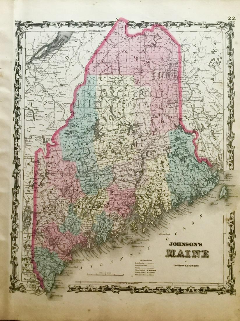 Maine by Johnson: Title/Content of Map: Maine by Johnson Date: 1861 Cartographer: Johnson Material/Medium: steel engraved Size: 18x14” Provenance: New York Additional Info: Hand colored Reserve: $20.00 Shipping: Dom