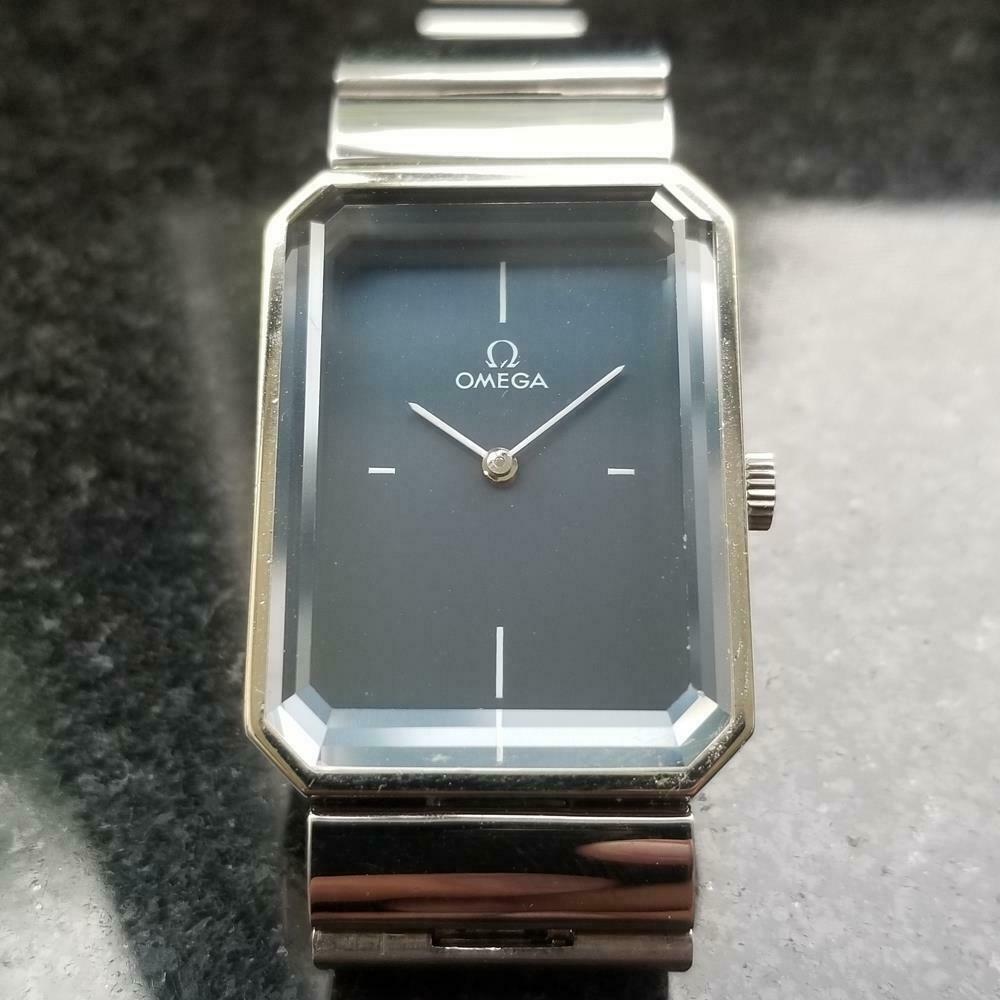 OMEGA Ladies DeVille Andrew Grima Emerald Hand-Wind,: Timeless elegance, ladies 18k white gold-plated Omega DeVille Andrew Grima "Emerald" About Time collection, c.1970s. Verified authentic by a master watchmaker. Gorgeous black Omega dial, quarterly ind