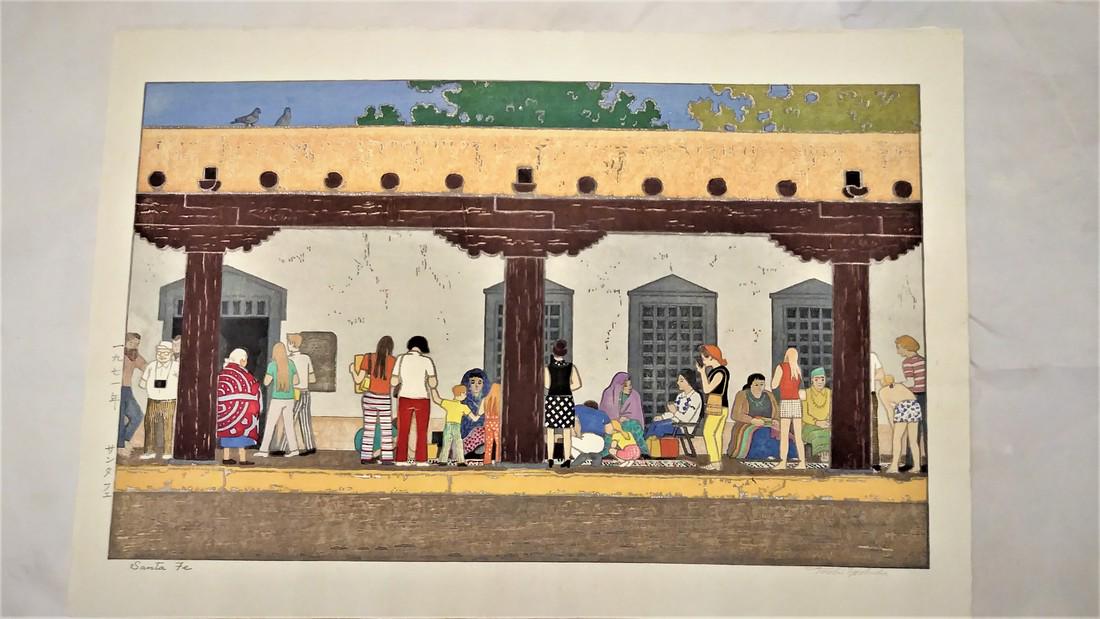 YOSHIDA TOSHI: SANTA FE: Title: YOSHIDA TOSHI: SANTA FE Artist: YOSHIDA TOSHI Date/Period: 1971 Materials: WOODBLOCK PRINT Dimensions:22.5x14.5 Pencil signed Reserve: $450.00 Shipping: Domestic: Flat-rate of $35.00 to anywher