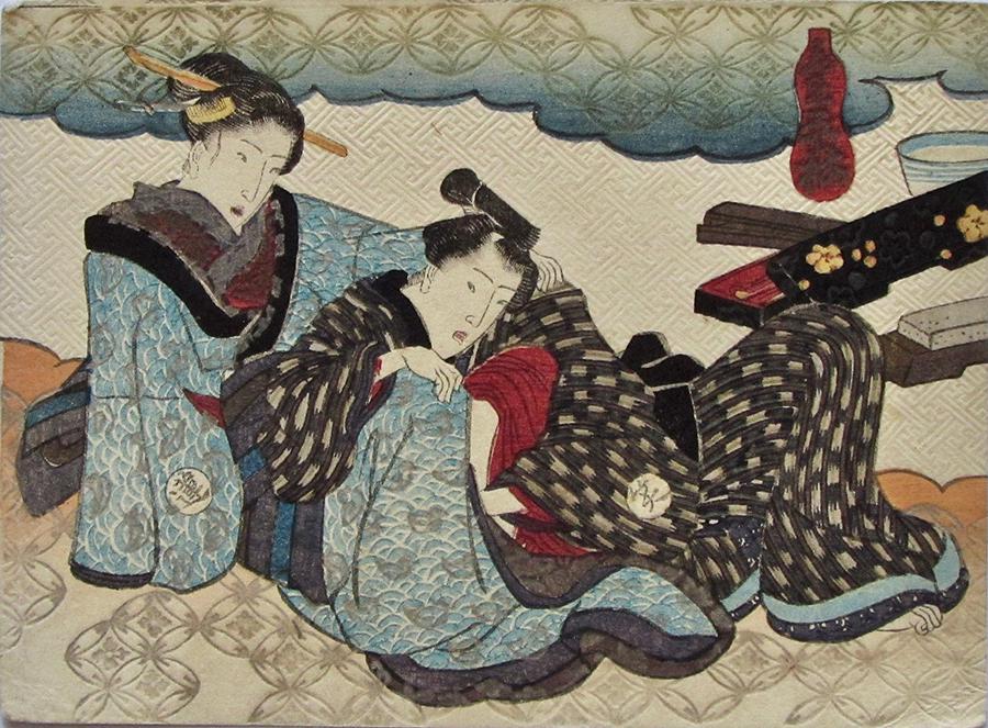 Utagawa school: shunga: Artist: Utagawa school Subject: Shunga. Publisher: Unknown Signature: None Date: c. 1850 Format: koban, 12.9 x 9.4 cm Condition: Fine impression, color and condition Reserve: $55.00 Shipping: Domes
