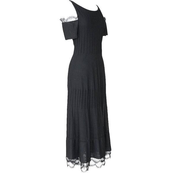 Chanel 07C Dress Cold Shoulder Lace Accent 34 / 2: Guaranteed authentic elegant Coco Chanel black mid-calf dress 07C. Beautiful cold shoulder and lace detail. Small scoop neck with thin shoulders and a single button on each. Alternating knits from del