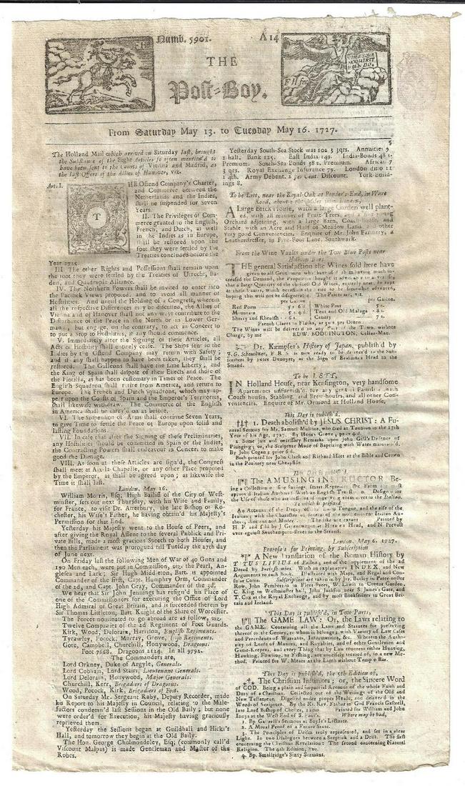 1727 issue of The Post-Boy Ostend Company (1 of 2)
