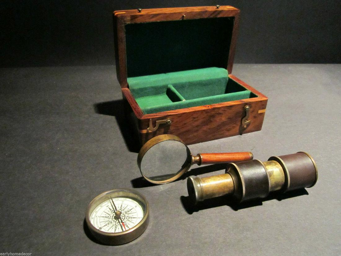 Magnifying Glass Compass Telescope Box Field Kit: 6 1/2" Wide x 3" High x 3 3/4" Wide Magnifying Glass Compass Telescope Wood Box Kit This reproduction of an antique "Dolland London" field kit It has a heavy a solid brass compass, brass and leather e