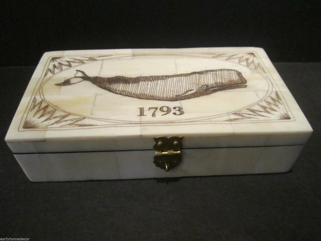 Folk Art Whale Scrimshaw Bone & Wood Trinket Box 1793: 6 1/14" x 3 1/4" x 1 5/8" Wonderful new reproduction scrimshaw carved ox bone box. As you can see this piece is tiled with ox bone on wood and decorated with a design typical of the period. Nice felt
