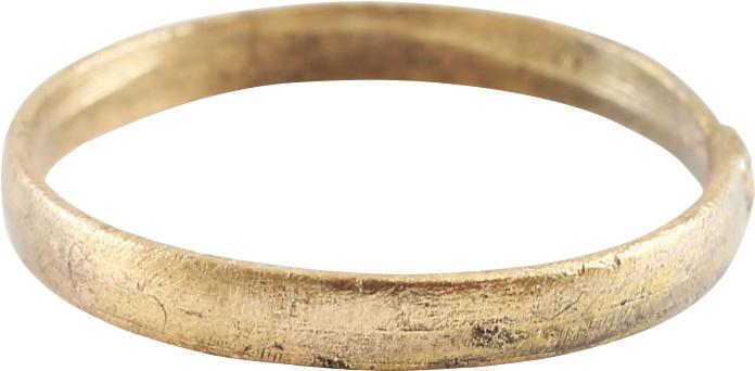 VIKING WOMAN’S WEDDING RING. 900-1050 AD.: Gilt bronze, size 6 1/2. 2.3mm width band with a rounded face. Excellent preservation and professionally refurbished with the 24k gold overlay restored. Vikings exchanged rings on the pommel of the gr