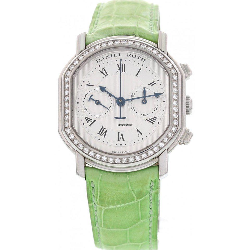 Daniel Roth Masters Chronograph Stainless Steel &: Details Ladies Daniel Roth Masters watch. 32 mm stainless steel case. Stainless steel and diamond bezel. Silver guilloche chronograph dial with blue hands and black Roman numeral markers. Skeleton cas