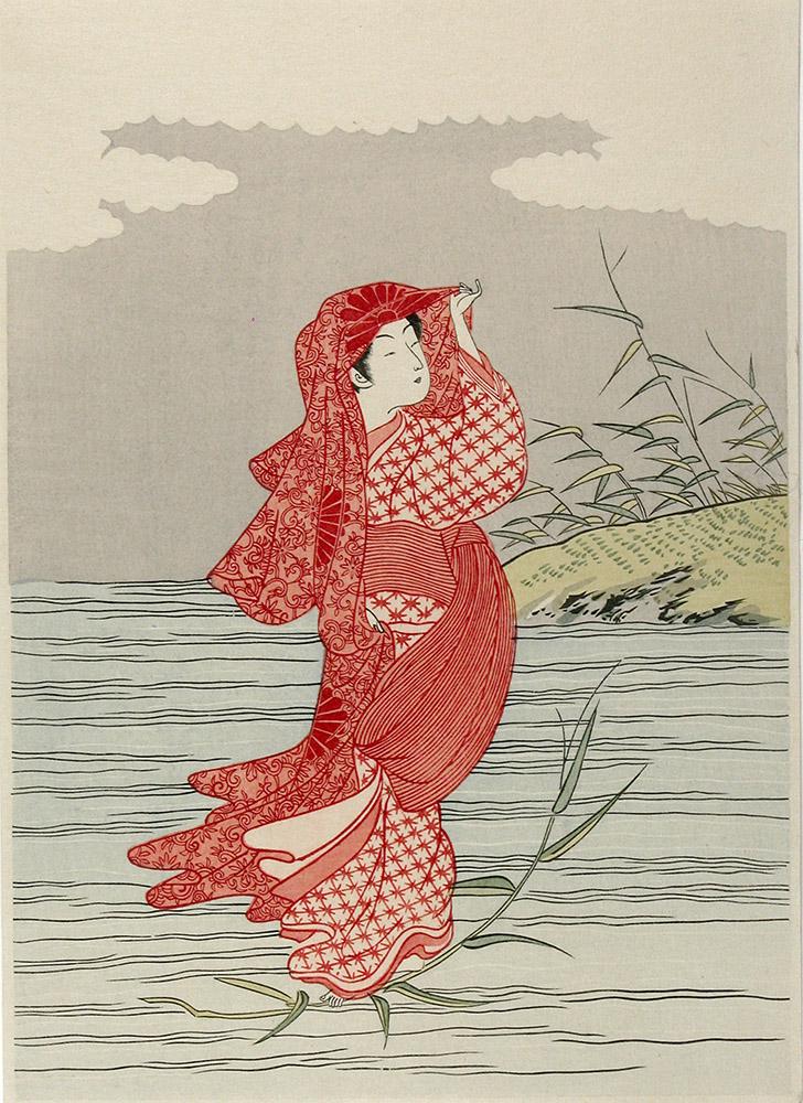 attr. to KORYUSAI, Isoda (fl. 1765-85): Bijin floating: Title: Bijin floating on a river Artist: attr. to KORYUSAI, Isoda (fl. 1765-85) Series: Publisher: Date:c. 1770s (the original edition; this impression made from recut blocks in the 20th century) Medi