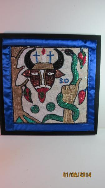 Haitian Prayer Flag: Haitian Voodoo Prayer Flag Depicts the Devil & Hand Holding a Snake; Purple Border mounted on Black Fabric Back; signed “SD”18-1/2” square Reserve: $20.00 Shipping: Domestic: Flat-rate of $22.00